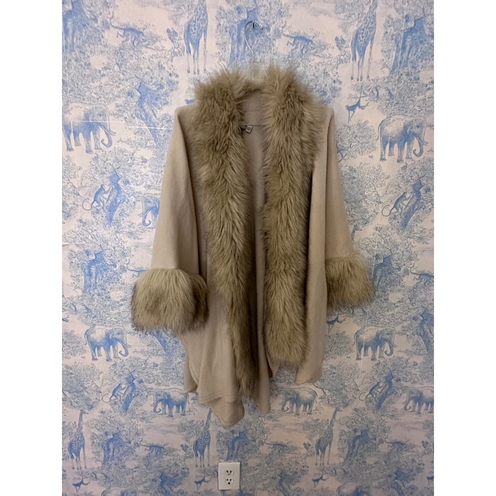 Faux Fur Trim Cape Mob Wife Aesthetic Coat Poncho Old Money Quiet Luxury wrap - Picture 2 of 3